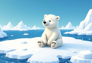 Fototapeta premium Polar bear sitting on ice floe with snowy mountains