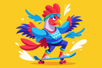 Naklejka premium Cartoon Rooster Character Skateboarding – Colorful and Fun Action Illustration