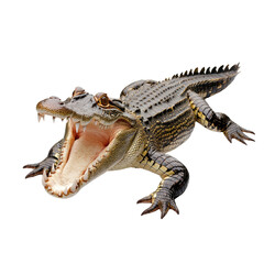 Obraz premium Detailed close-up of a fierce crocodile with mouth wide open showcasing sharp teeth and intricate scale patterns on its body