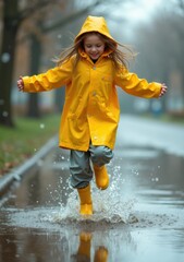 Child enjoys playing in puddles on a rainy day wearing a bright yellow raincoat