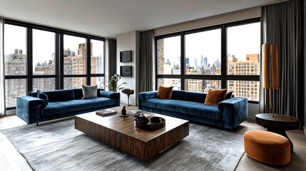 Luxury City View Apartment: Modern Interior Design, Blue Velvet Sofas, and Elegant Decor