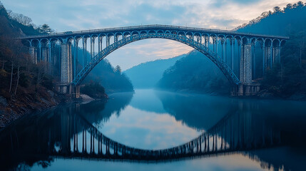 Obraz premium Majestic Steel Bridge Reflecting on Calm Water: A Serene Landscape Photography
