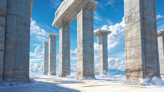 This image showcases a row of massive, weathered stone pillars standing on a vast, tiled platform. The pillars appear ancient and imposing, reaching upwards into a bright blue sky 