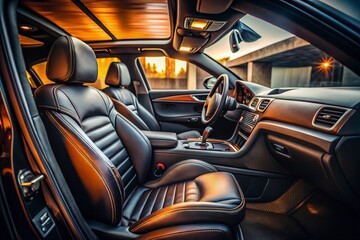 Luxurious Black Car Interior: Passenger Cabin with Deep Depth of Field