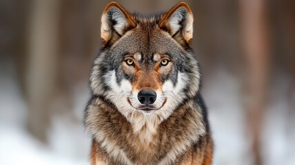 Obraz premium conservation and wildlife concept. A close-up of a majestic wolf with striking features and a detailed fur coat against a blurred background.