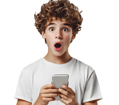 A boy holds a cell phone and looks at it with wide eyes. transparent png