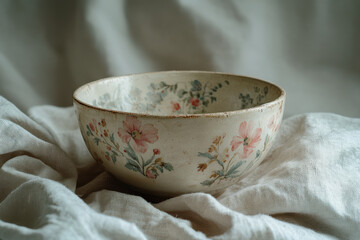 Empty ceramic bowl with floral decoration resting on linen cloth