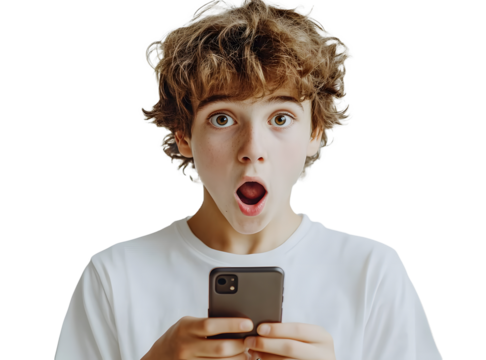 A boy holds a cell phone and looks at it with wide eyes. transparent png