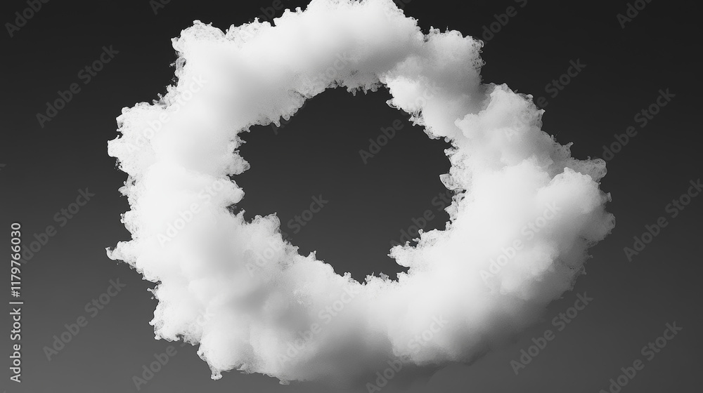 Poster sequence of white smoke rings from small point into expanding circular formations. realistic 3d vect