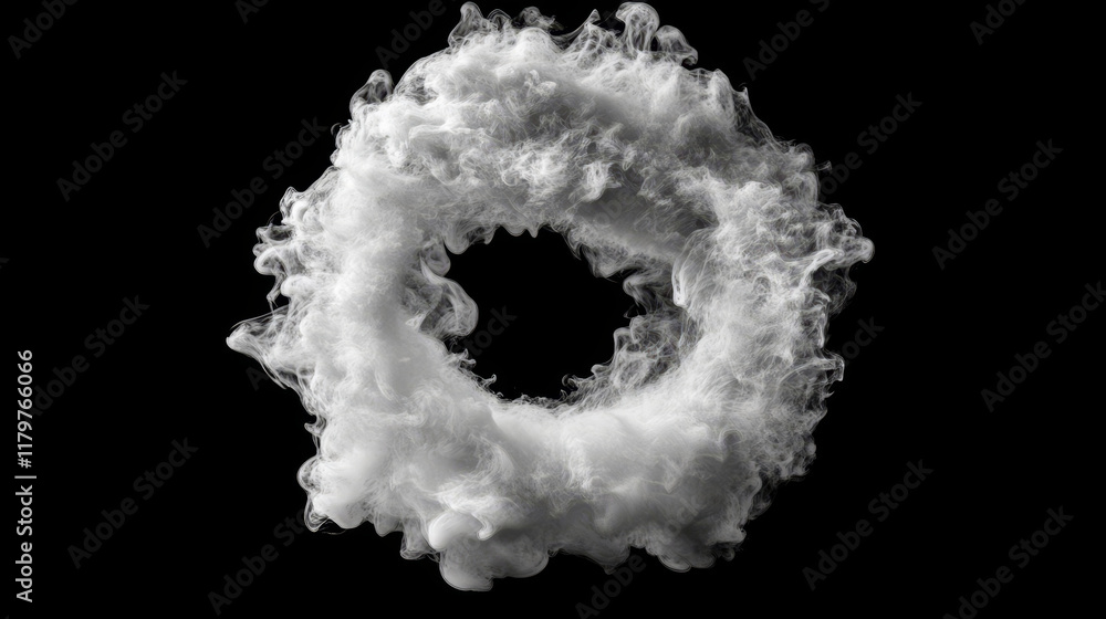 Poster sequence of white smoke rings from small point into expanding circular formations. realistic 3d vect