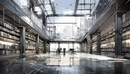 Obraz premium The features a futuristic scene of an industrial librarys and library with reflections.
