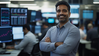 Obraz premium Confident Businessman in a Busy Trading Room