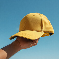 Mockup of man hand holding bright yellow color plain baseball cap against sky background