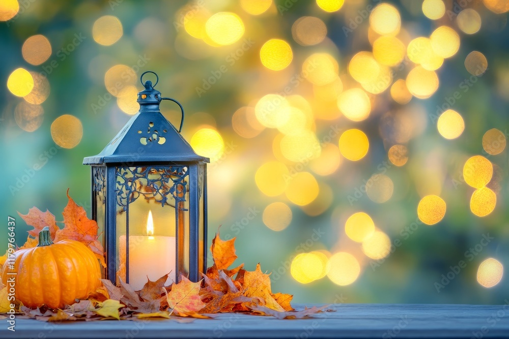 Poster autumn lantern and pumpkin display surrounded by colorful leaves with soft bokeh background creating