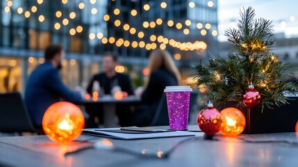 Festive outdoor cafe scene at dusk with colleagues, lights, and decorations.