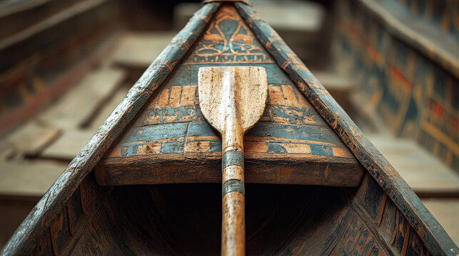 Ancient Egypt wooden boat with paddle for sun god trip cartoon vector illustration. Egyptian culture religious symbol, decorated barque with oar for ancient god, day and night change metaphor