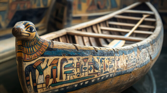 Ancient Egypt wooden boat with paddle for sun god trip cartoon vector illustration. Egyptian culture religious symbol, decorated barque with oar for ancient god, day and night change metaphor
