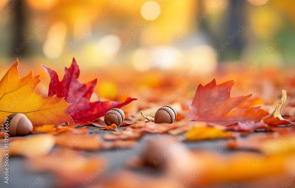 Poster a close-up of colorful autumn leaves and acorns scattered on the ground, creating an enchanting fall