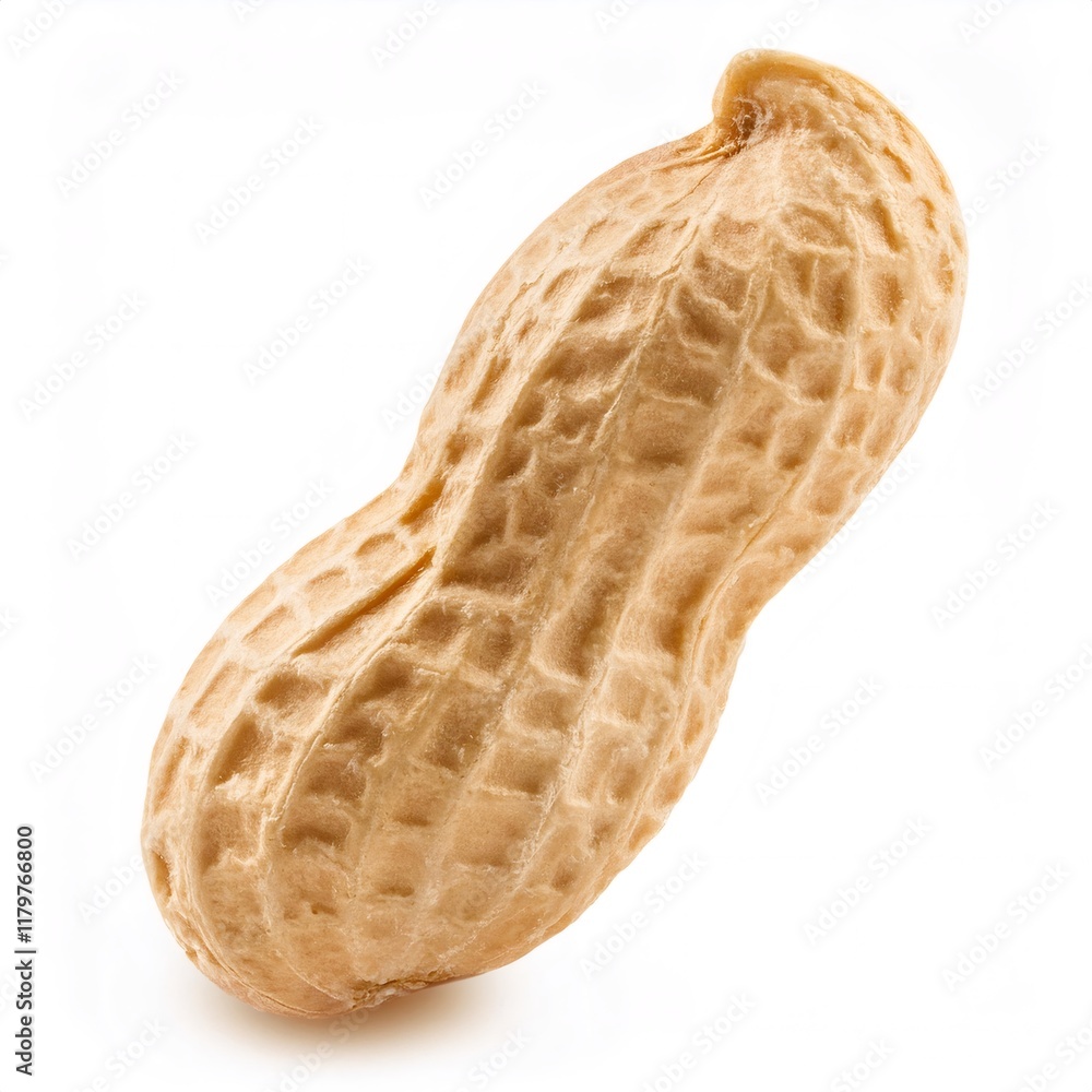 Poster textured peanut kernel nestled within rough, tan colored shell, resting on pristine background