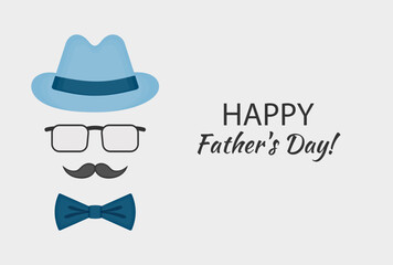 Father's Day festive background. Light blue hat and blue bow tie. Mustache and glasses on a light background. Elongated rectangular banner. Vector illustration. Greeting card invitation.