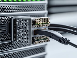 Concept of safety and confidentiality of personal security. A close-up of a server connection, showcasing intricate wiring and ports, highlighting technology and network infrastructure.