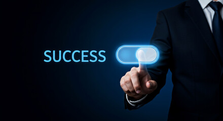 A futuristic stock photo featuring a businessman toggling a virtual success switch, ideal for business presentations, innovation themes, motivational content, and more.