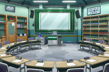 Empty classroom with desks, bookshelves, and projector screen.