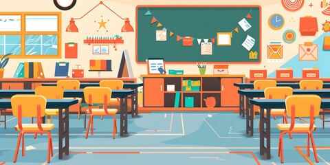 Empty classroom with desks, chairs, and blackboard.