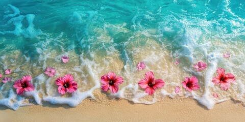 Obraz premium Tropical Beach Scene Pink Hibiscus Flowers Clear Ocean Water Goldfish