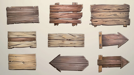 Wooden signs, boards and banners different shapes. Arrow signboard from wood plank, old timber panels isolated on transparent background, vector realistic illustration