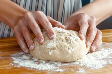 Hands kneading dough on a floured surface, preparing homemade bread in a cozy kitchen setting