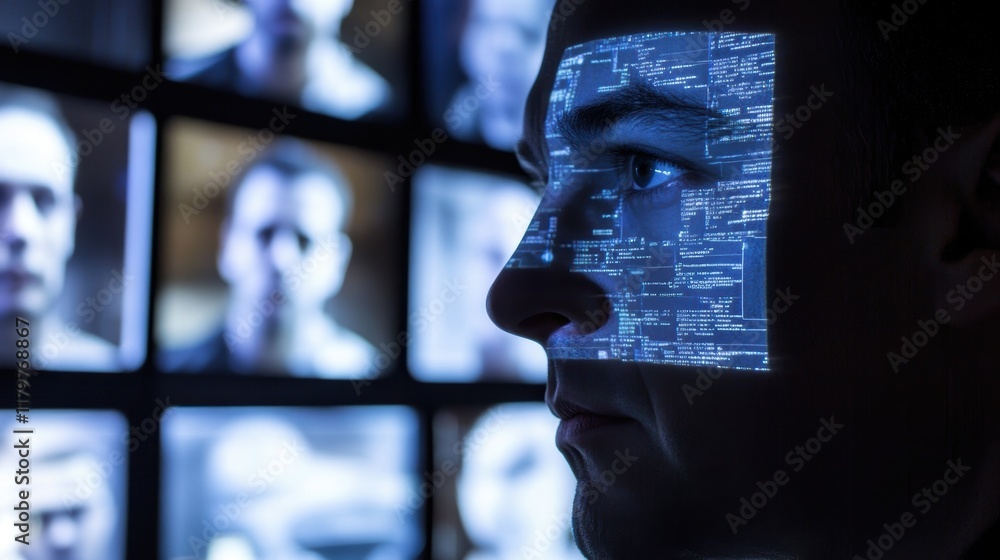 Aufkleber security operator monitoring cctv cameras with facial recognition software analyzing faces, enhancin