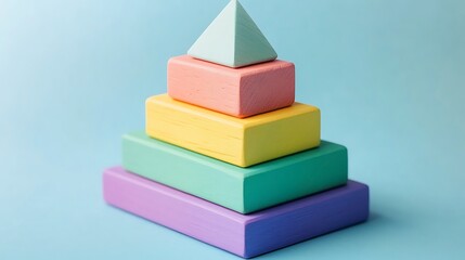 Fototapeta premium A neatly stacked set of geometric pastel wooden blocks in a pyramid shape