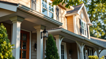 Close-up view of two attached houses with prominent front porches, white columns, gray gutters, and wood siding in varying shades of tan and beige.  Landscaping elements including shrubs are visible.