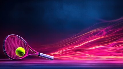 A vibrant tennis racket and ball with dynamic light trails, capturing the energy and excitement of the sport.