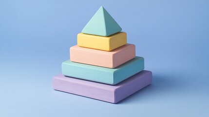 A neatly stacked set of geometric pastel wooden blocks in a pyramid shape
