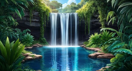 A hidden waterfall cascading through lush vegetation into a tranquil pool