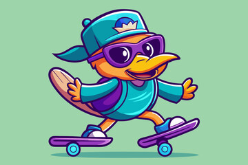 Cartoon Duck Character Skateboarding with Cool Sunglasses – Fun and Trendy Animal Illustration