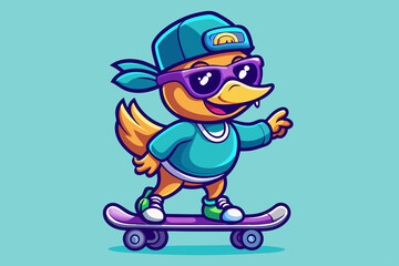 Fototapeta premium Cartoon Duck Character Skateboarding with Cool Sunglasses – Fun and Trendy Animal Illustration