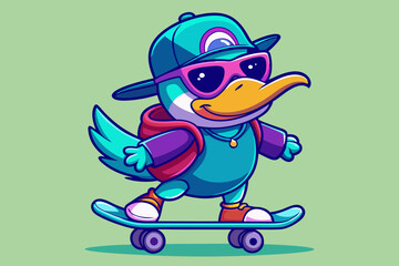 Cartoon Duck Character Skateboarding with Cool Sunglasses – Fun and Trendy Animal Illustration