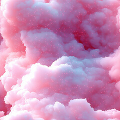 Fototapeta premium Pink magical pastel colored clouds with sparkle. Puffy fluffy beautiful pink clouds on turquoise sky. Pastel palette. Wonderful nature Glitter