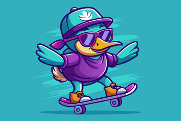 Cartoon Duck Character Skateboarding with Cool Sunglasses – Fun and Trendy Animal Illustration