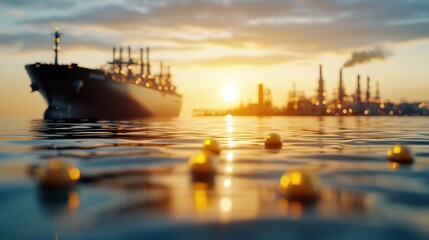 Fototapeta premium Tranquil Boat Gliding Across Calm Waters at Dusk with Vibrant Sunset Colors Painting the Sky in Warm Hues of Orange and Pink