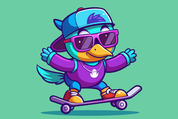 Cartoon Duck Character Skateboarding with Cool Sunglasses – Fun and Trendy Animal Illustration