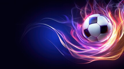 Colorful soccer ball with vibrant energy trails on a dark background, symbolizing speed and excitement in sports.