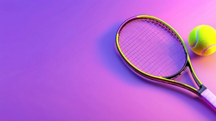 Colorful tennis racket and ball on a vibrant purple background, capturing the essence of the sport and competitive spirit.
