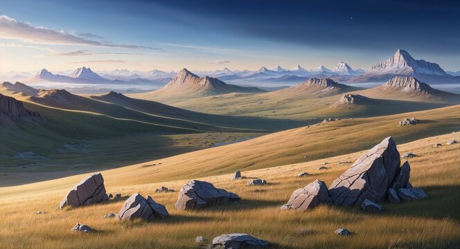 A highaltitude plateau with rolling grasslands rocky outcroppings and distant peaks