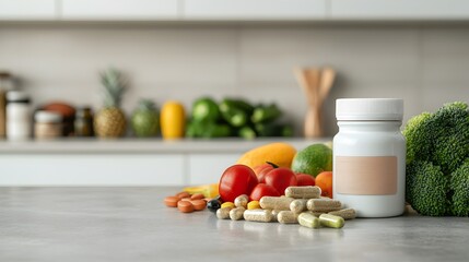 A bright kitchen scene featuring healthy foods and dietary supplements, promoting wellness and nutrition.