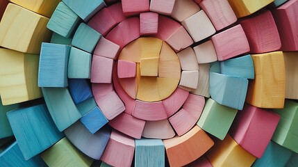 Obraz premium Top view of pastel wooden blocks carefully arranged into concentric shapes
