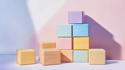 Obraz premium Stacked wooden blocks in pastel shades casting soft shadows on a white backdrop